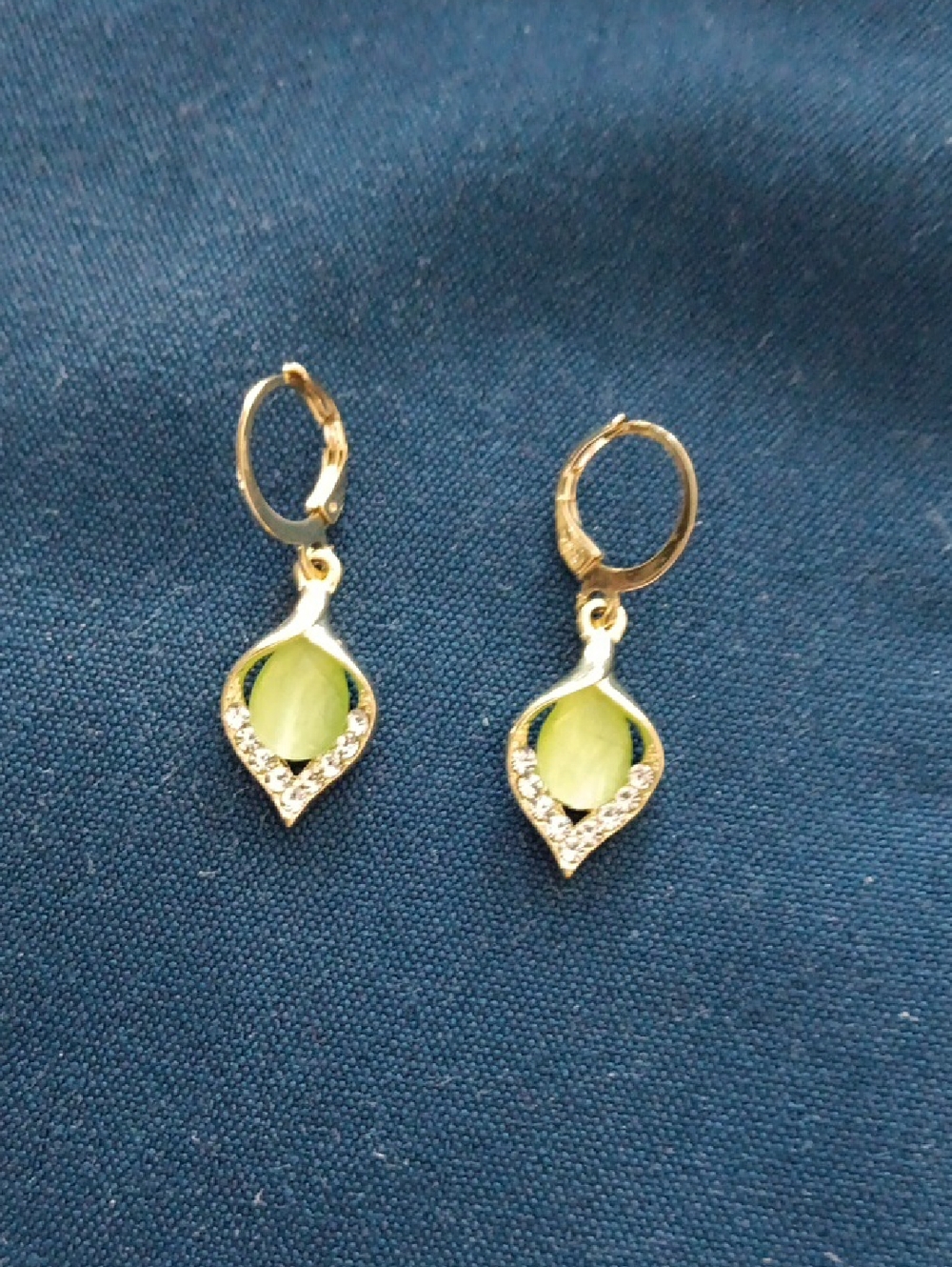 Gold Drop Earrings with Light Green Stone and Crystals